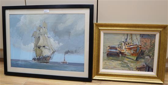 Robert Bryan ( 20th century), Clipper and Steam Tug, signed, gouache, 38 x 54cm and Geoff Hunt (20th century), Moored vessels, 25 x 33c